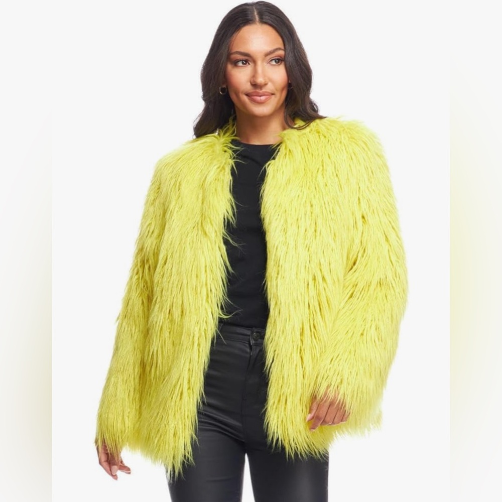 DONNA SALYERS Fabulous Furs MONGOLIAN Faux Fur IN CITRON VIBRANT SZ SMALL NWT - Picture 1 of 14